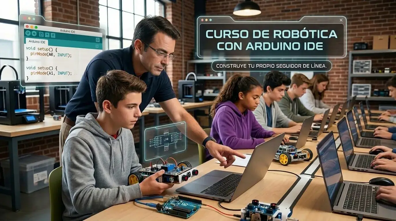 Instructor señalando el portátil de un estudiante que sostiene un robot seguidor de línea, en un taller con otros estudiantes programando en Arduino IDE y una placa Arduino Uno sobre la mesa