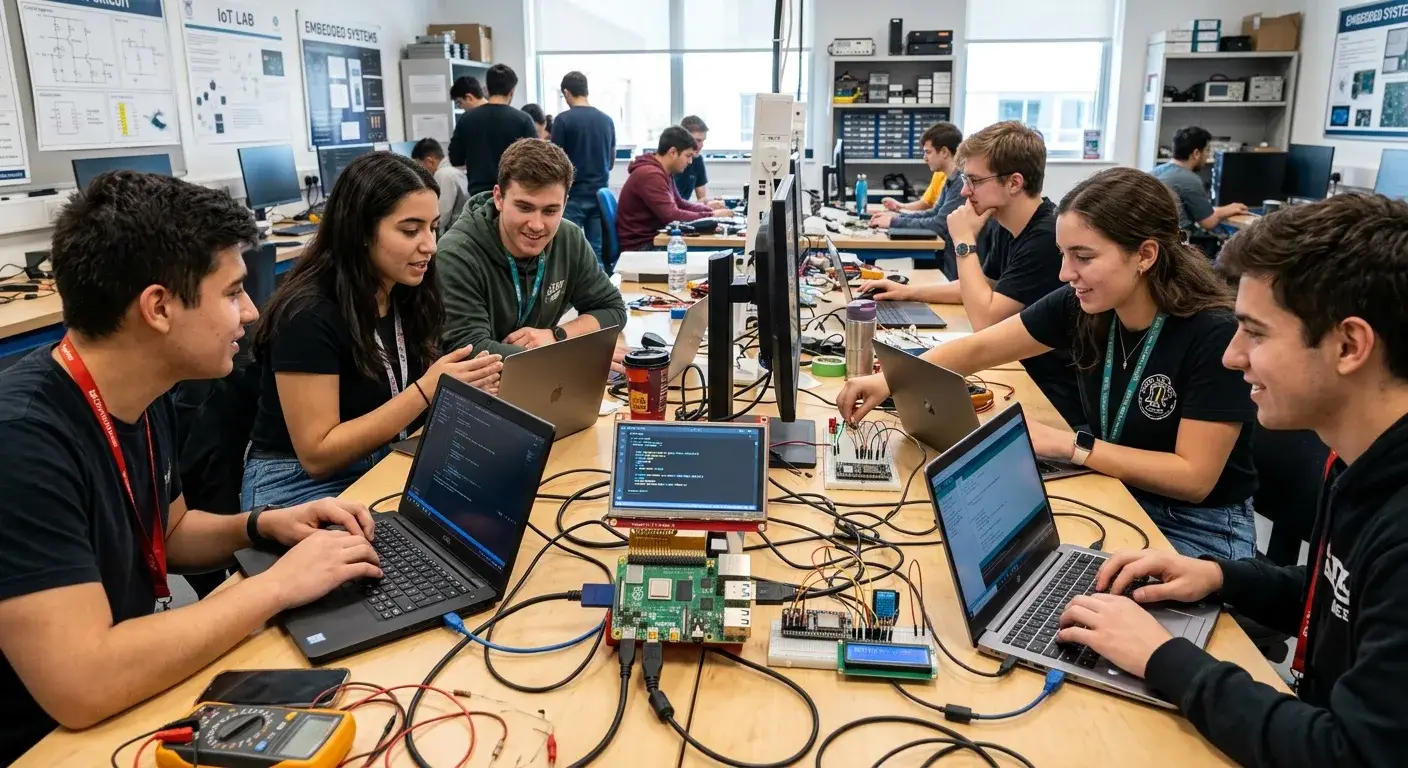 Estudiantes universitarios programando en portátiles alrededor de una mesa de laboratorio de sistemas embebidos, con una Raspberry Pi, una placa con pantalla LCD, protoboards, cables y un multímetro