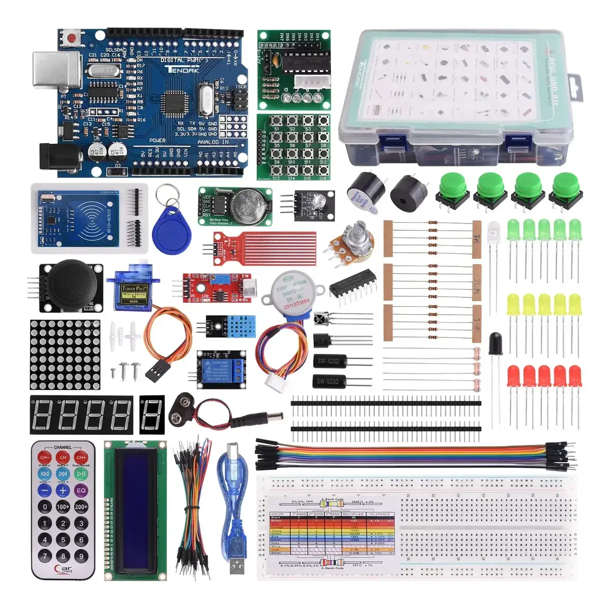 Todas las piezas del kit de electrónica básica extendidas sobre fondo blanco, con la caja organizadora al fondo
