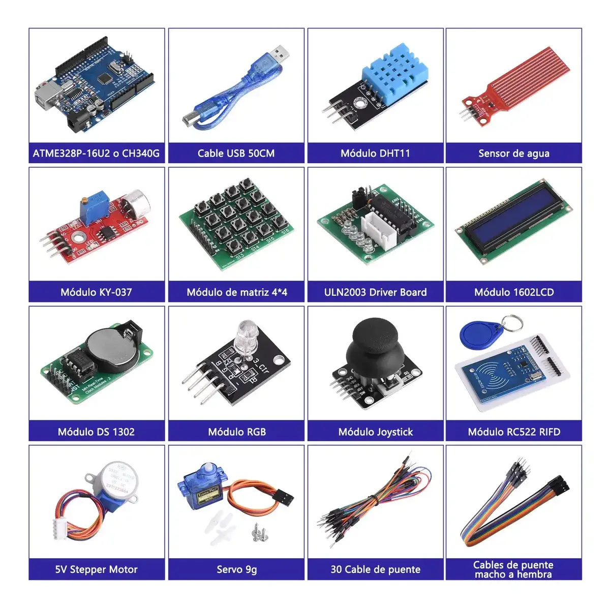 Rejilla con la placa UNO, el cable USB y los módulos de sensores y actuadores del kit