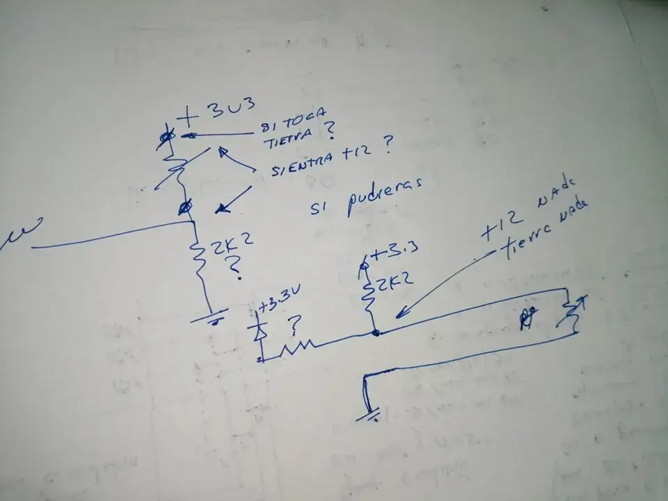 Hoja de papel con un circuito dibujado a mano en bolígrafo azul: una entrada con diodos de recorte hacia +3V3 y masa, resistencias de 2,2 kΩ y anotaciones manuscritas preguntando qué pasa si la entrada toca tierra o si recibe 12 V