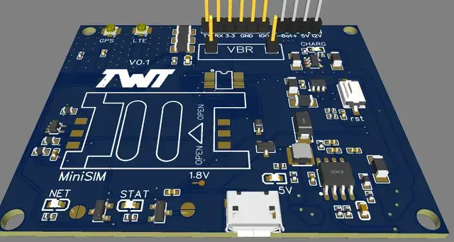 Render 3D de la PCB a la medida, con los conectores GPS/LTE, zócalo MiniSIM y etapa de carga.