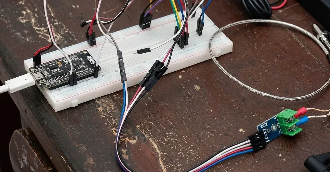 NodeMCU con ESP8266 sobre una protoboard, con cables de puente hacia un módulo MAX6675 verde al que llega un termopar tipo K de sonda roscada con cable trenzado de acero
