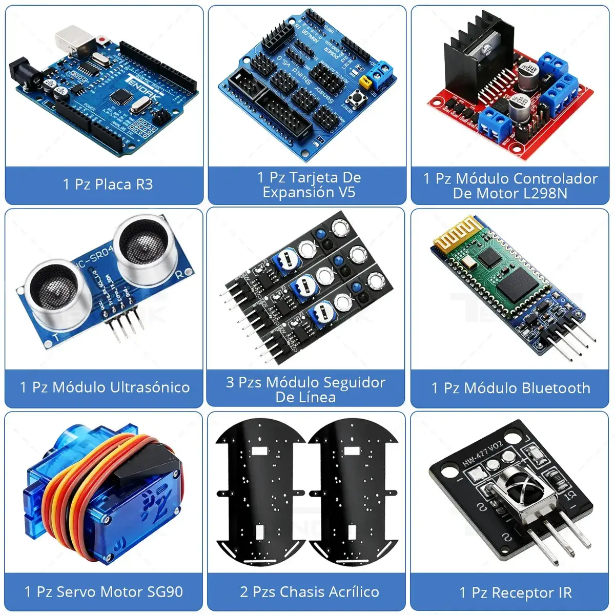 Rejilla con la placa R3, la tarjeta de expansión, el L298N, el ultrasónico, los seguidores de línea y el servo
