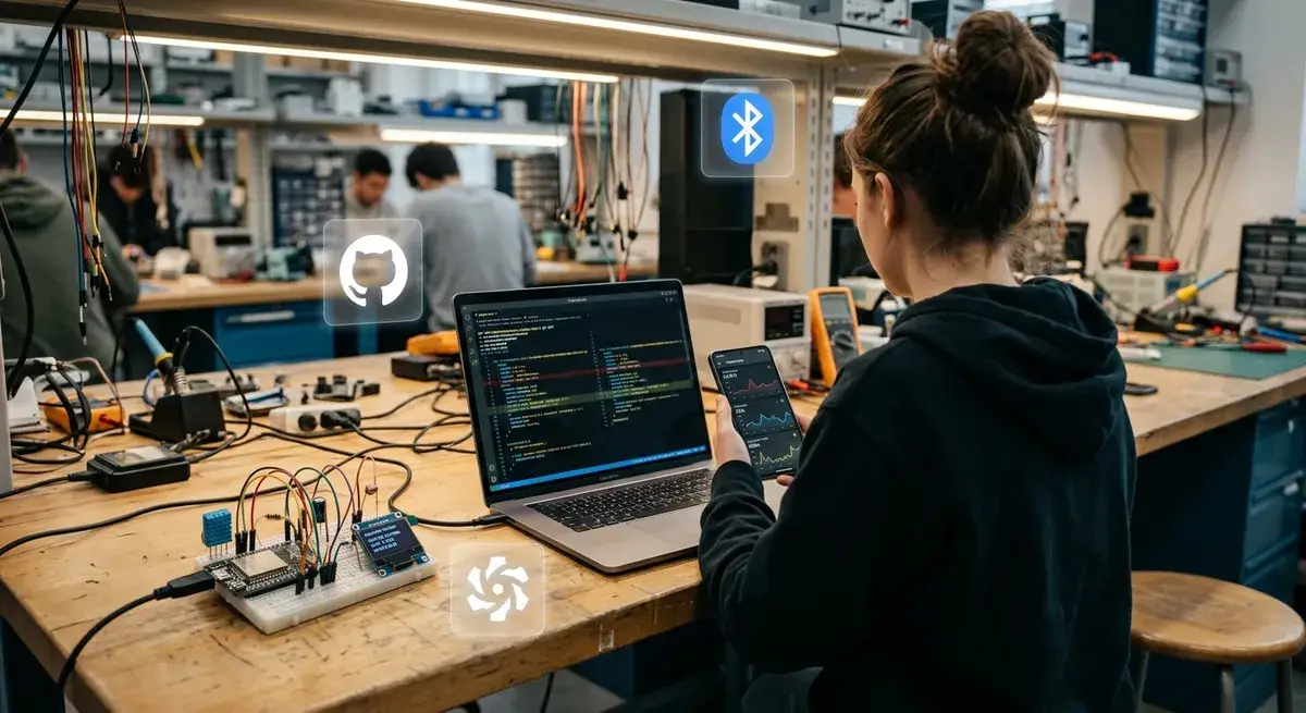 Estudiante en un banco de laboratorio de electrónica con un portátil mostrando código y un diff de Git, un móvil con gráficas, y una placa ESP32 con pantalla OLED en una protoboard; iconos flotantes de GitHub, Bluetooth y Quasar
